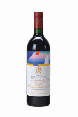 1 Flasche 1984 Chateau Mouton Rothschild, Pauillac, Künstleretikett: Agam, ca. 75 cl, into neck, CellarTracker 89/100, Etikett min. besch., ...