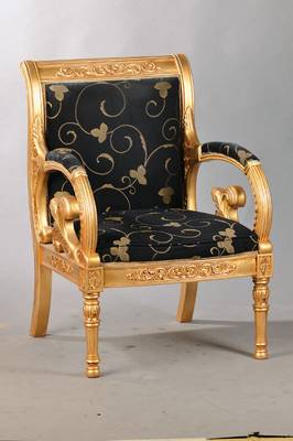 Sessel, Directoire-Stil, Frankreich, um 1870, Holz goldfarben gefaßt, Fassung aufgefrischt, nach franz. Vorbild von 1790- 1800, klassizistische ...
