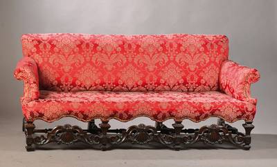 3-Sitzer-Bank im Barockstil, wohl Belgien, um 1890, Eiche massiv, im Frühbarock-Stil, reiche 3-fach gegliederte Zarge mit Kammmuschelornament, ...