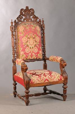 Prunksessel, wohl Belgien, um 1880/90, Eiche massiv, reiche Bildhauerarbeit, Löwenmaskeronen, Akanthusblatt u. Wappen "vHd", kl. ...