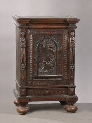 1-türiges Schränkchen, wohl Belgien, um 1840, Renaissance-Stil, seitl. Hermen, Türfüllung mit biblischem Motiv: "Jesus und die ...