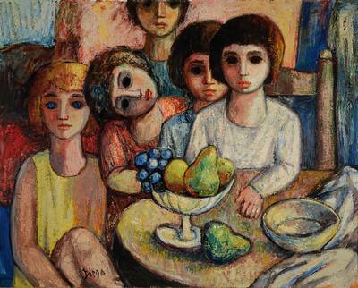 Antonio Diego Voci, 1920-1985, Bambini con frutta, Öl/Lwd, sign., rückseitig sign., betitelt u. dat. 1974, ca. 80x100cm, Rahmen