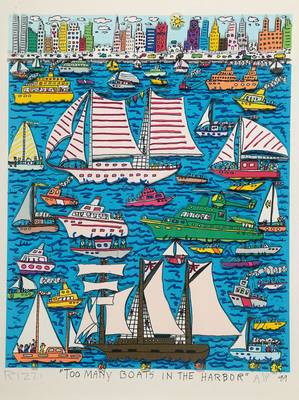 James Rizzi, 1950-2011, Too many boats in the harbor, 3D-Lithographie, sign. und num. A/P, dat. 89, ca. 25x20cm, unter Glas gerahmt, rückseitig ...