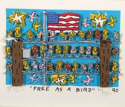 James Rizzi, 1950-2011, Free as a bird, 3D-Lithographie, handsigniert und nummeriert 10/350, datiert 90, Motiv ca. 5,5x8 cm, unter Glas gerahmt