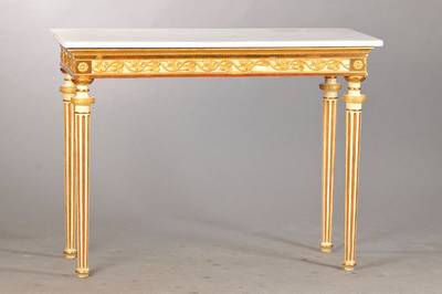 Konsole, um 1900, im Louis-Seize-Stil, Hartholz weiss u. goldfarben gefaßt, Rankenwerk sek. aber passend, Marmorplatte sek., Gebr.-Sp., ca. ...