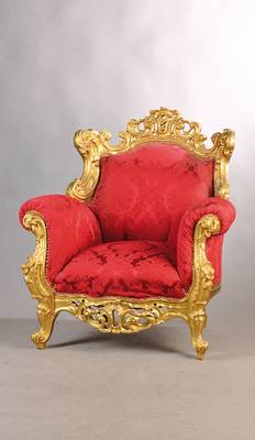 Prunksessel, im Barockstil, neuzeitlich, Buche goldfarben gefaßt, roter Stoffbezug, prunkvoll, H. ca. 107 cm, Sh. ca. 46 cm