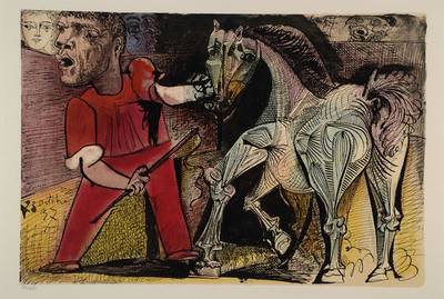 Pablo Picasso, 1881-1973, Farblithographie, nummeriert 170/250, ca. 29x43 cm, Motiv, unter Glas gerahmt