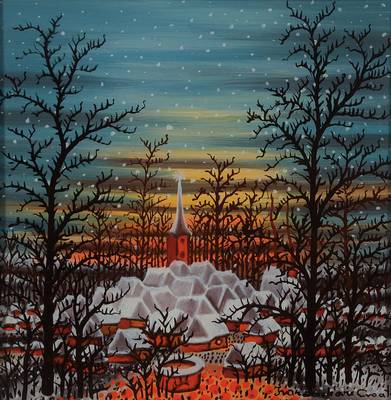 Ivan Lackovic, 1932-2004, zahlreiche internationale Ausstellungen z.B. Zagreb, Düsseldorf, Paris, hier: winterliche Dorfansicht, Hinterglasmalerei, ...