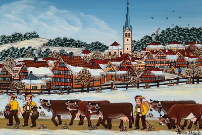 Anna Staub geb. 1942, Winterlandschaft, "Teufen", Öl/Holz, rechts unten signiert, betitelt, ca. 19,5x25 cm, Rahmen
