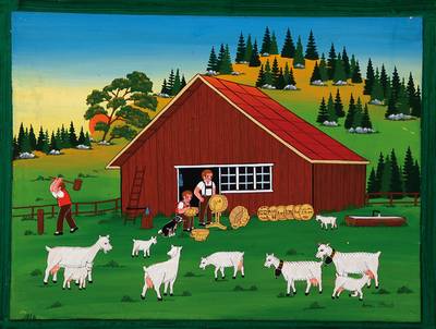 Anna Staub, geb. 1942, ländliche Idylle mit Bauern und Ziegen, Öl/Holz, rechts unten signiert, ca. 29x36 cm, Rahmen, Bildfläche l. verkratzt, ...
