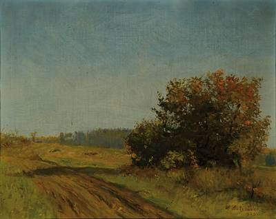 Reinhard Amtsbühler, 1873-1961, "Haselnussbusch am Feldweg bei Laichingen", Öl/Lwd, rechts unten signiert und datiert 1925, rückseitig ...