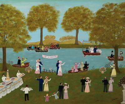 E. Saavedra, naive/r Künstler/in, Hochzeitsfeier am Fluß, Öl/Lwd, rechts unten signiert, ca. 38x46 cm, Rahmen