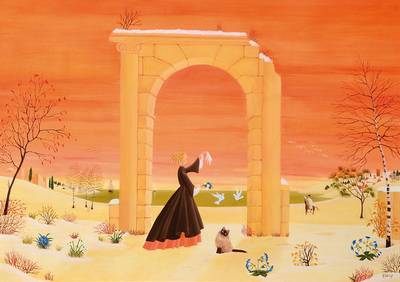 F. Genot, naive/r Künstler/in, Fantasielandschaft mit Frau und Katze, Öl/Lwd, rechts unten signiert, ca. 33x46 cm, Rahmen