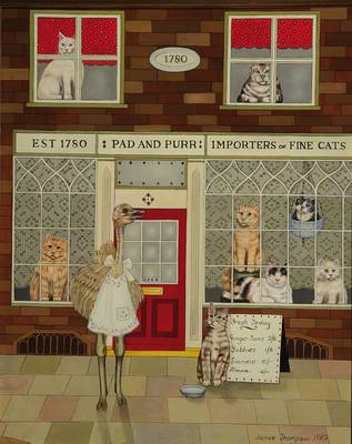 Janice Thompson, geb. 1983, Pad and Purr, Importers of Fine Cats, Öl/Holz, rechts unten signiert und datiert 1983, ca. 31x24 cm, Rahmen