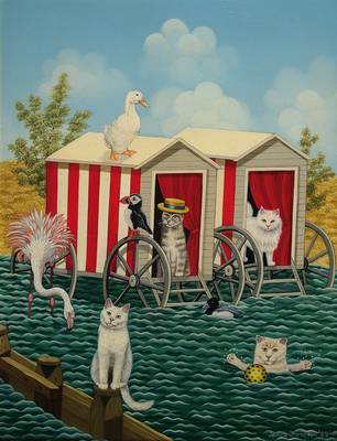 Janice Thompson, naive Künstlerin, Bathing Machine, Öl/Holz, rechts unten signiert und datiert 83, ca. 31x25 cm, Rahmen