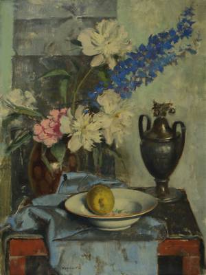 Bela Kontuly, 1904 Miskolc-1983 Budapest, Stillleben mit Blumen, Apfel, Teller und Zinnkrug, Öl/Lwd, mittig unten signiert, ca. 80x60cm, Rahmen