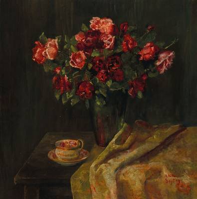 M. Vemon, zeitgenössischer Künstler, Stillleben mit Rosen, Öl/Lwd, auf Holzplatte, rechts unten signiert, datiert, ca. 76x74 cm, Rahmen