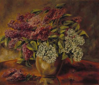 G. Fleer, zeitgenössischer Künstler, Stillleben mit Flieder, Öl/Lwd, rechts unten signiert und datiert 57, ca. 60x70 cm, Rahmen
