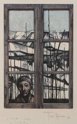 Tino Aime, geb. 1931, französischer Maler und Bildhauer, Fenster-Darstellung, Farboffset, re unten sign., dat., links unten eine Widmung, ca. 60x50 ...