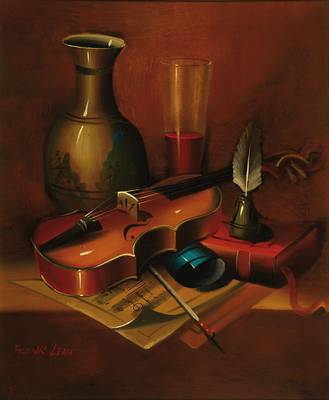 Frank Lean, franz. Künstler, Stillleben mit Buch und Violine, Öl/Lwd, links unten signiert, verso betitelt mit Zertifikat, ca. 60x50 cm, Rahmen