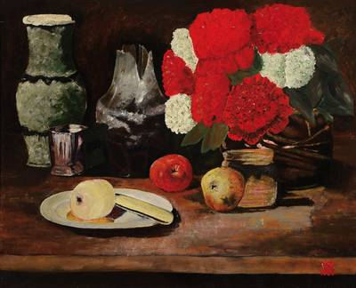 Unbekannter Monogrammist WW, Stillleben mit Blumen, Vase und Äpfeln, Öl/Lwd, rechts unten monogrammiert, datiert 1935, ca. 50x62 cm, Rahmen