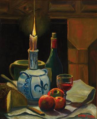 Roger Pinet, franz. Maler, Stillleben mit Äpfeln und Kerze, Öl/Lwd, auf Holz, rechts unten signiert und datiert 1984, verso betitelt: La pomme à ...
