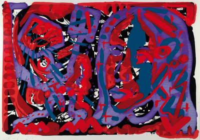A.R. Penck, geb. 1939, Farbsiebdruck auf Papier, aus 1980, handsigniert und nummeriert 2/5, betitelt USA'-6-, datiert 80, Blattgr. ca. 66,5x90 ...