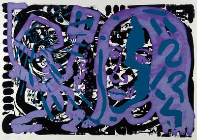A.R. Penck, geb. 1939, Farbsiebdruck auf Papier, aus 1980, handsigniert und nummeriert 2/5, betitelt USA'-4-, datiert 80, Blattgr. ca. 66.5x90 ...