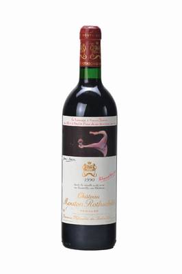 1 Flasche 1990 Chateau Mouton Rothschild, Pauillac, Premier Cru Classe, Künstleretikett: Francis Bacon, into neck, ca. 75 cl, unverkostet, Etikett ...