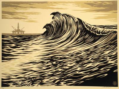 Shepard Fairey, geb. 1970, bedeutender amerikanischer Street-Art-Künstler, hier: Water is a black gold, Farbserigraphie, handsigniert und nummeriert ...