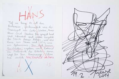 Jonathan Meese, geb. 1971, Übermalte Fotokopie und Zeichnung, 1x sign. und dat. 2014, Blattgr. ca. 29,5x21 cm, unter Glas gerahmt