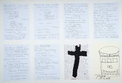Jonathan Meese, geb. 1971, Gesinnung Stalin, Konvolut aus 7 Kopien davon eine übermalt, 1 Zeichnung, sign. und dat. 19.3.2014, Blattgr. je ca. 30x21 ...