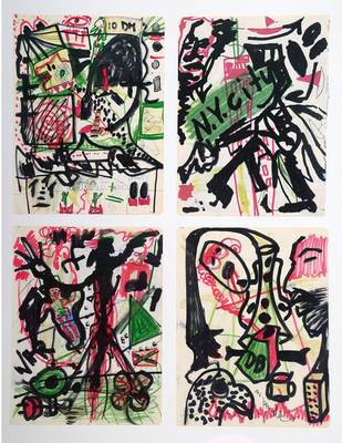 A.R. Penck, geb. 1939, Konvolut aus vier Zeichnungen in Mischtechnik auf drei Papieren (ein Papier davon rückseitig bemalt), ...