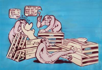 Pure Evil, geb. 1968, bekannter Street-Art Künstler, hier: Stencil, Spray/Papier, rechts unten signiert, Motiv ca. 64x93 cm, unter Glas gerahmt
