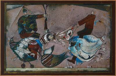 Bernd Kastenholz, geb. 1943 Speyer, Naturkampf, Mischtechnik/Gouache, re. u. sign., dat. 77, ca. 28x43,5 cm, unter Glas gerahmt