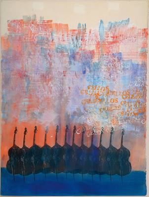 Bernard Stern, 1920-2002, Mischtechnik/Papier, Cello City, 1983, unsign., ca. 80x61 cm, unter Glas gerahmt
