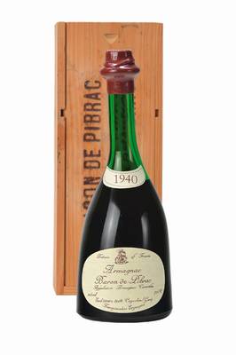 1 Flasche 1940 Armagnac Baron de Pibrac, Appellation Armagnac Controlee, ca. 70 cl, 40 % vol, unverkostet, in Originalholzkiste, selten im Angebot