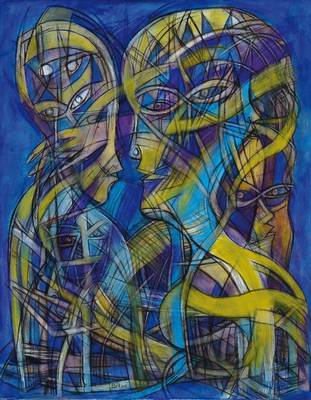 Heriberto Estrabao, zeitgenössischer Künstler, zwei Figuren in blau, Öl/Lwd, Augen, Köpfe und Inneres der Körper abstrakt vegetativ dargestellt, ...