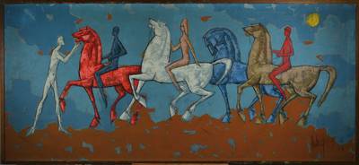 Tugomir Huberger, geb. 1931, Pferde, Öl/Lwd, rechts unten signiert und datiert 63, ca. 80x180 cm, Rahmen