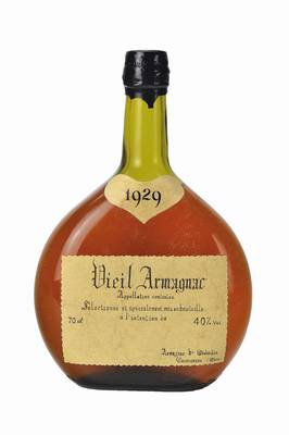 1 Flasche 1929 Vieil Armagnac, Appelation controlee, Wachskapsel am Hals l. besch., 70 cl, 40% Vol, unverkostet, Abstand zwischen Kapsel und ...
