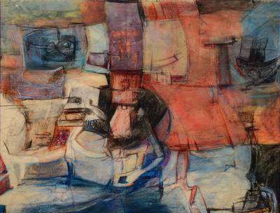 Rudi Baerwind, 1910-1982, Moderne Komposition, Mischtechnik/Plastik, sign., ca. 59x79 cm, gewellt, Knick, mit Lithographie Heuschrecken, sign., ...