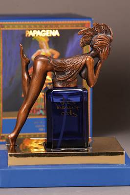 Ernst Fuchs, geb. 1935 Wien, Flakon mit Bronzeskulptur, aus der Serie Les beaux arts, Entwurf von E. Fuchs, die Zauberflöte, num. 2110/2000, blauer ...