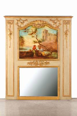 Trumeau, Frankreich, um 1780/1800, Weichholz mit orig. polychromer Fassung u. Stuckarbeiten, oben hochfeines Ölgemälde auf Leinwand aus der Zeit, ...