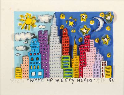 James Rizzi, 1950-2011, 3D-Lithographie, Wake up sleepy Heads, handsigniert und nummeriert A/P, aus 1990, ca. 505x8 cm, unter Glas gerahmt