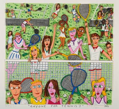 James Rizzi, 1950-2011, 3- Lithographie, Anyone for Tennis, aus 1992, handsigniert und nummeriert 254/350, ca. 21,5x23 cm, unter Glas gerahmt