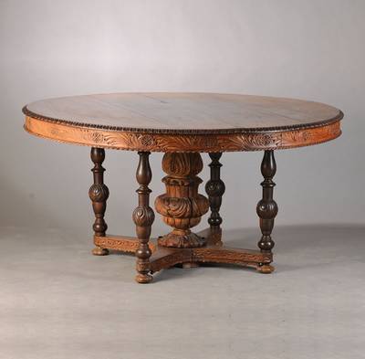 Großer Ausziehtisch, Indien, wohl Madura, um 1900, Kolonialmöbel, Palisander massiv, Plattenkante mit Eierstab, Zarge umlaufend beschnitzt, 5 ...