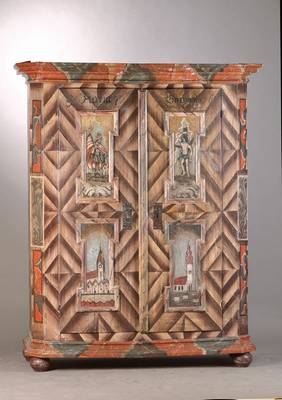 Bauernschrank, sog. Spaltschrank, süddeutsch, dat. 1796, Weichholz polychrom gefaßt in sog. Kamm-und-Zieh-Technik, 2-türig mit orig. offenem ...