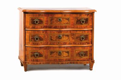 Barocke Modellkommode, wohl mitteldeutsch, um 1750, Nussbaum- bzw. Wurzelnussfurnier auf Weichholzkorpus, Ahornfilets u. Marketerie in stilüblicher ...