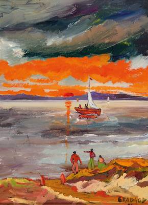 Boris Pavlov, 1928 - 2005, Sonnenuntergang in der Bucht von St. Tropez an der Cote d'Azur, von 1991, Öl/Platte, signiert, ca. 24 x 18 cm, Rahmen