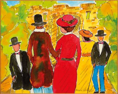 Boris Pavlov, 1928 - 2005, Aquarell Spaziergang mit vielen Paaren, vermutlich römische Stadtbefestigungen im Burgenland, signiert, dat. 79, ca. 23 x ...
